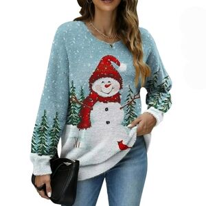 Christmas sweater women's L graphic print allover wool winter snowman kawaii new